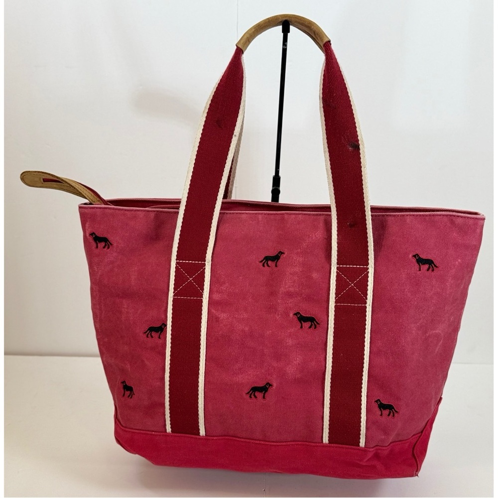 L.L. Bean Vintage Boat Tote Bag Embroidered Black Dog Canvas & Leather Light Red - Picture 7 of 15